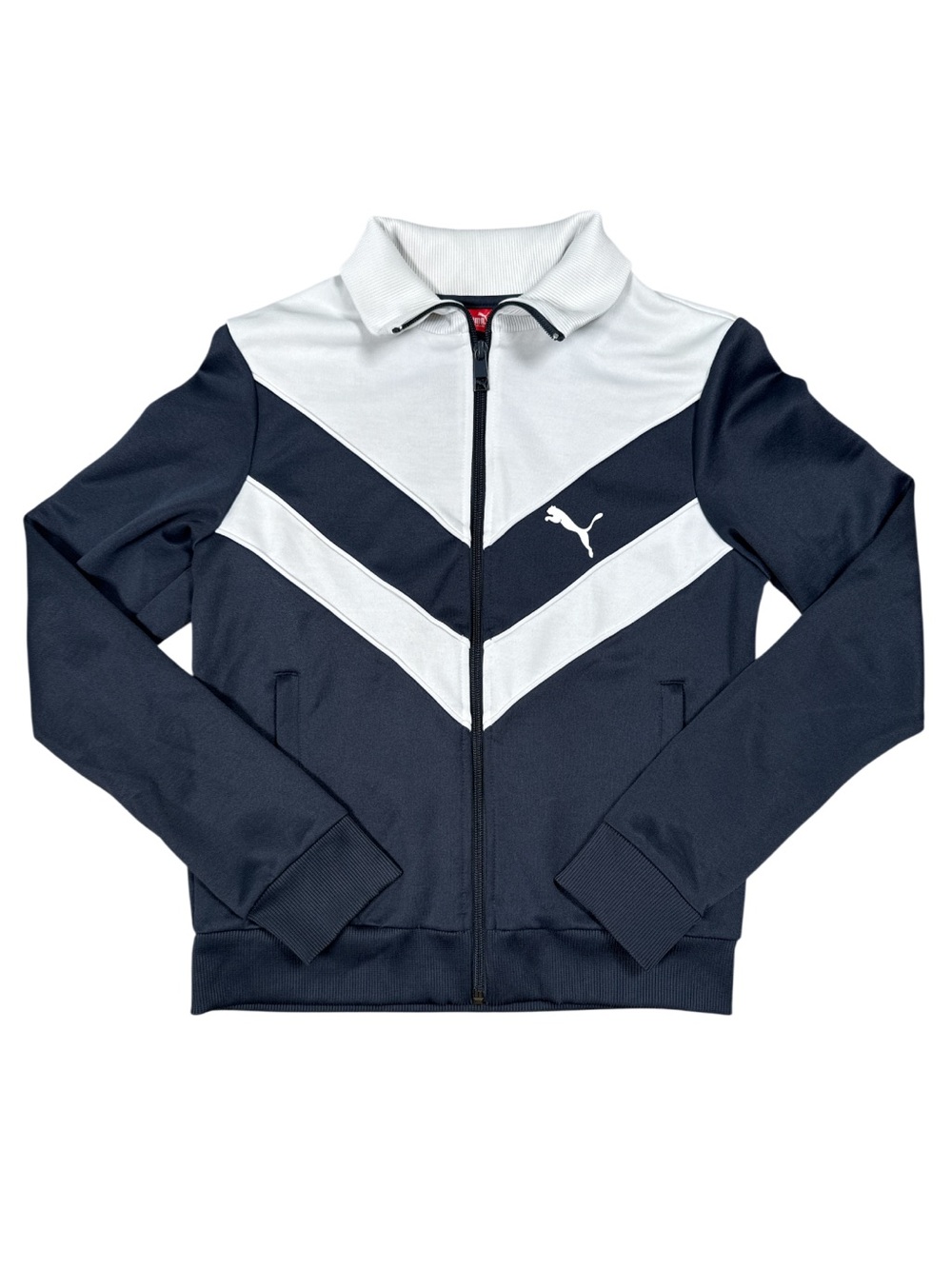 Puma Navy Blue & White Chevron Track Jacket Full Zip Size Small Men’s Athleisure